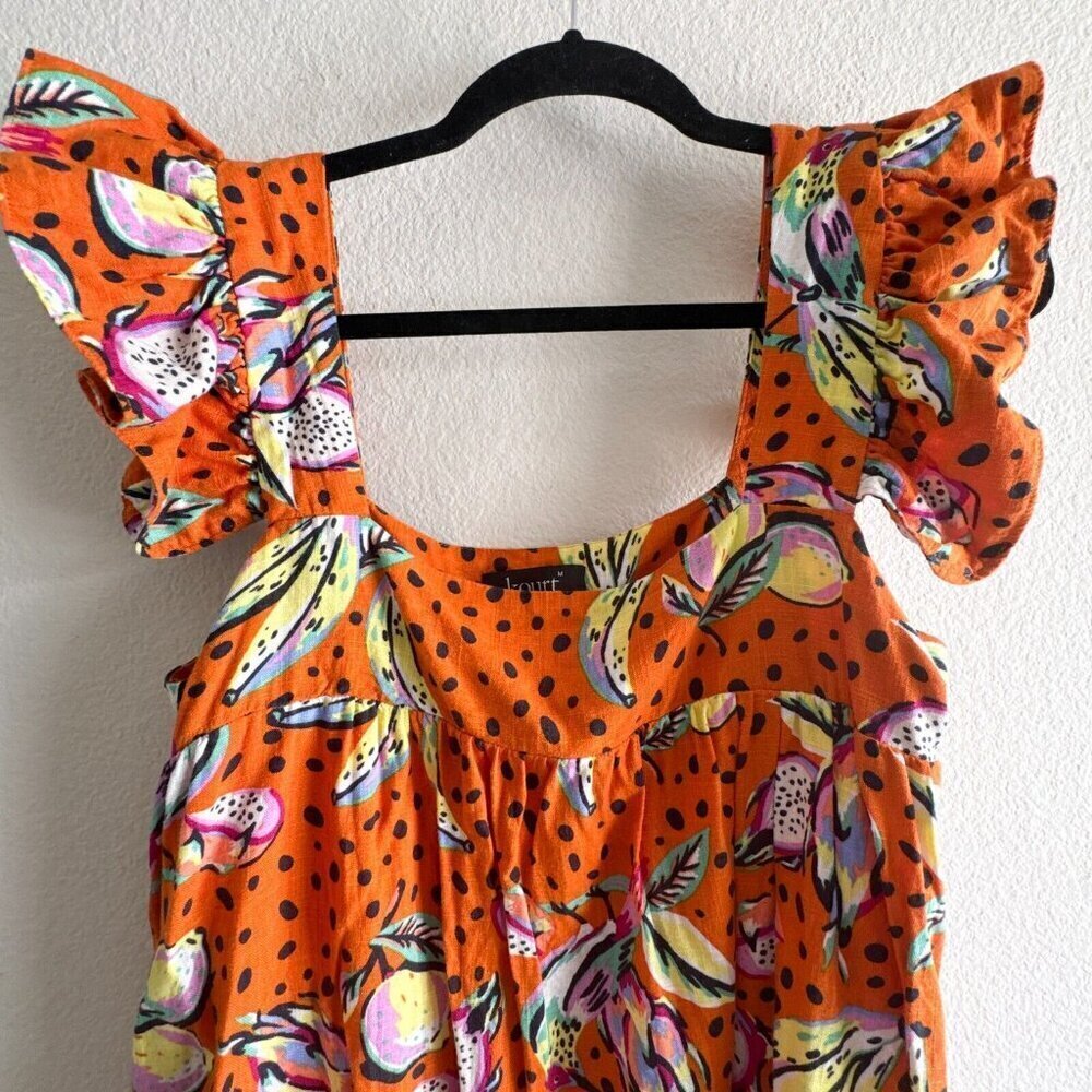 Anthropologie Kourt Aria Linen Tropical Short Dress Pockets Fruit Bird Medium - Picture 6 of 14